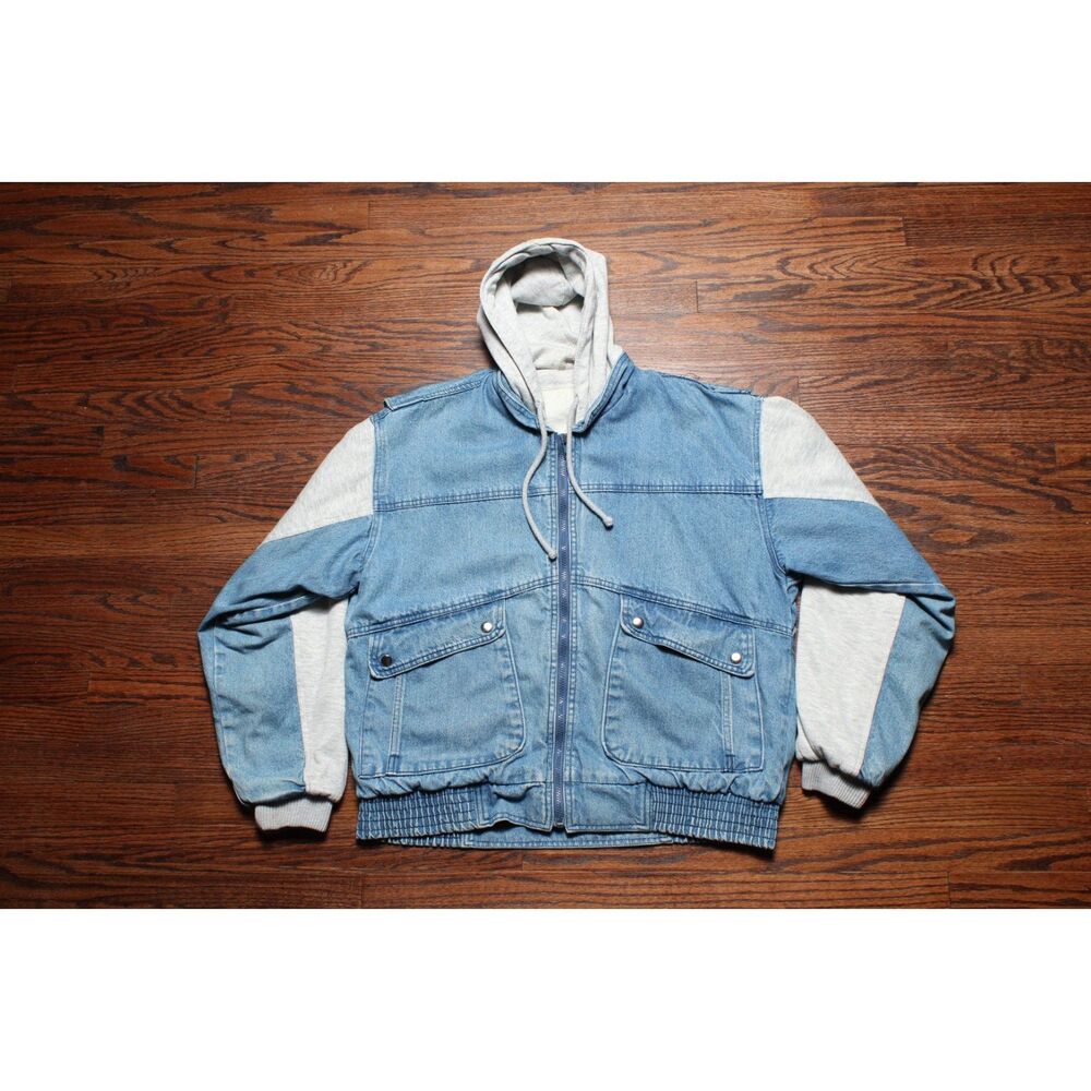 Vintage 90's Distressed Stained Hooded Denim Jean Jacket Coat - L / XL